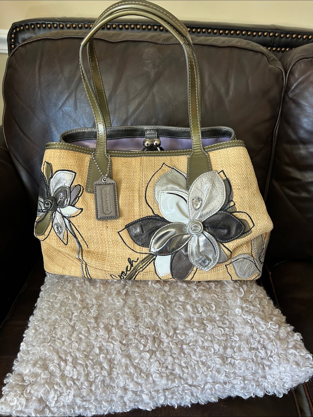 Coach Straw Floral Appliqué Tote with Olive Trim